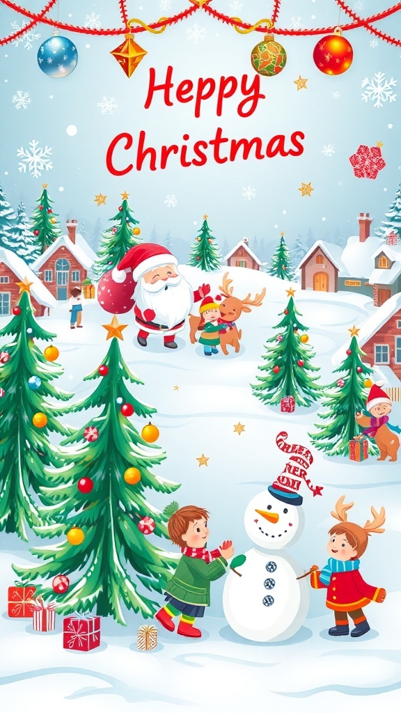 A colorful Christmas card with Santa, reindeer, and snowflakes, depicting a joyful holiday scene.